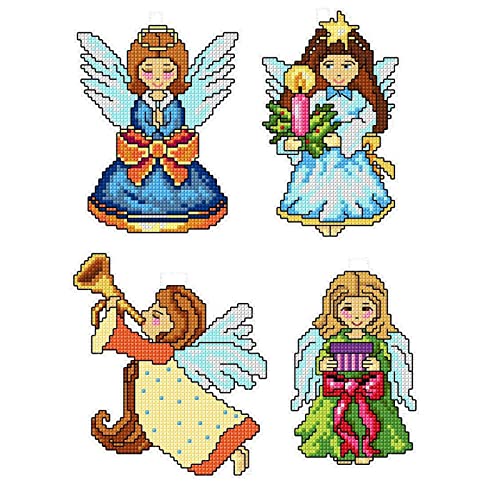 Counted Cross-Stitch Kit on Plastic Canvas with Angels. 4 Cute Ornaments Different Dimensions 107CS. 14 Count Plastic Canvas Sheets 8.27x11.02 Inches. Wonderful for Art & Craft Amateurs - color: multicolored