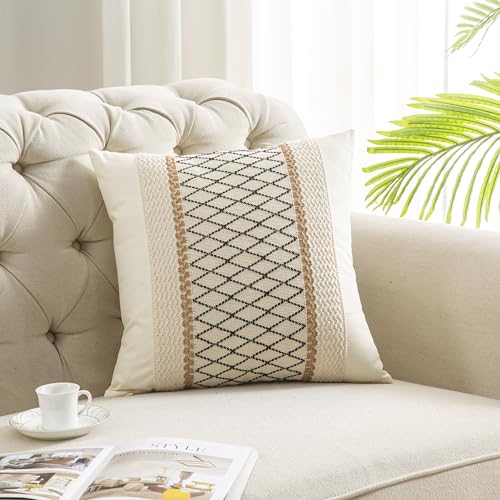 Throw Pillow Covers 16 x 16 Inch 1PC for Farmhouse Living Room, Cotton & Burlap Textured Striped Woven Boho Pillow Covers (Beige & Black Grid) - color: Black Grid, size: 16" x 16" (Pack of 1)