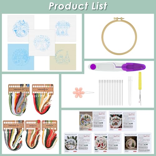 ERKOON Embroidery Kit for Beginners, 5 Sets Christmas Cross Stitch Set for Adults Include Embroidery Cloth Hoops Threads for Craft Lover Hand Stitch with Skill Techniques (Christmas#1) - color: Christmas#1