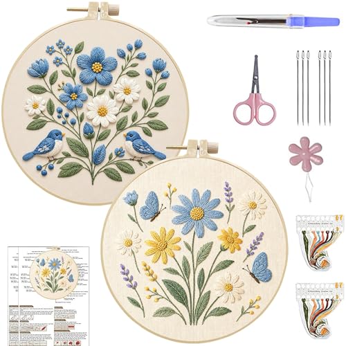 ARTopet 2Pcs Embroidery Kit for Adults Beginners Flower DIY Craft Starter Set Cotton Needlepoint Set with 7.87In Hoop Threads Tools Perfect Gifts for Hobbyists to Create Wall Art-04 - color: 2Pcs-04