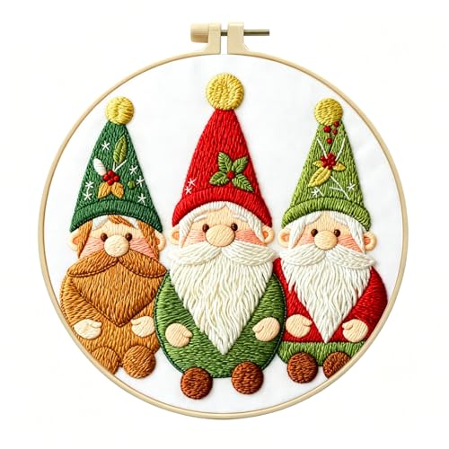 Zhenqing Christmas Gnome Embroidery Kit for Beginners, 3 Gnomes Needlework Kit with Pre-Printed Cotton Fabric, Hoop, Threads & Tools (C0028) - style: Christmas Gnome