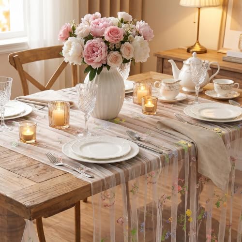White Floral Table Runner Gauze Embroidery Table Cloths Flower 10ft Tulle - color: White, size: 60"x120",1pc