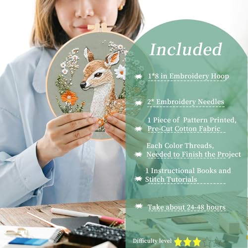 FONNUY Printed Deer and Floral Embroidery Kit with Hoop, Cross Stitch Kits for Beginners, Handmade Crafts, Easy to Follow Color Thread Needlework, 8'' Hoop (Deer and Daisies) - color: Deer and Daisies