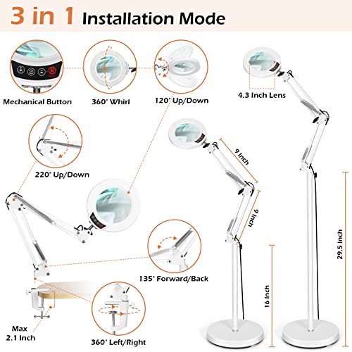 12X Real Glass Magnifying Glass with Light and Stand, LED 5 Color Modes, Stepless Dimmable Magnifying Floor Lamp, 3-in-1 Adjustable Swing Arm Lighted Magnifier Lamp with Clamp for Craft - White - color: White
