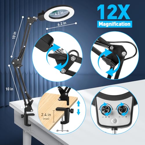 KIRKAS 12X Magnifying Glass with Light and Stand, Overhead Knob 2 in 1 - size: 12X 9.06 INCH Base & Clamp