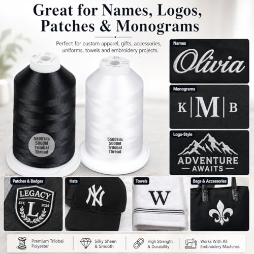 Simthread 2Pk 5500Y 40WT Polyester Embroidery Thread Black900 White001 - color: Classic Duo(Black+White)