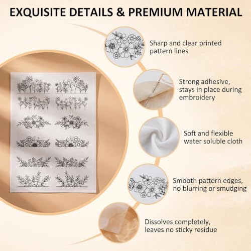 3 Sheets Floral Water Soluble Embroidery Patterns Stabilizers