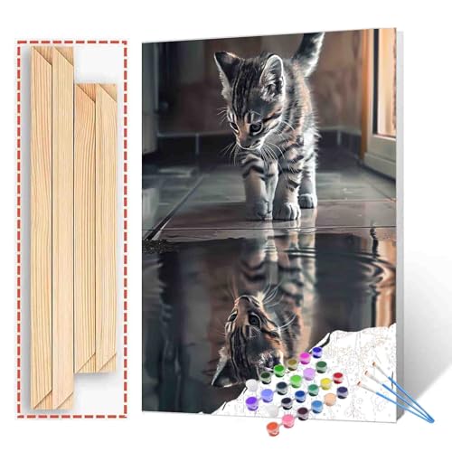DIY Paint by Numbers for Adult Animal Reflection Black White Kitten or Tiger Canvas Oil Painting Acrylic Watercolor Paint Kits for Beginner Kids Home Bedroom Wall Art Decor 16''W x 20''H（Manual Frame） - color: Art-11, size: 16''Wx20''H(DIY Frame)