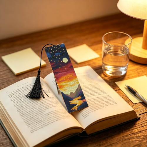 14CT Sun and Moon Cross Stitch Bookmark Stamped Embroidery Kit for Beginner - color: SQJ008-01