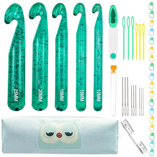 43 Pcs Large Crochet Hooks Set,12mm 15mm 18mm 20mm 25mm Large Crochet Hooks for Chunky Yarn,Plastic Crystal Smooth Big Crochet Needles for Handmade DIY Crochet with Storage Bag - color: Green