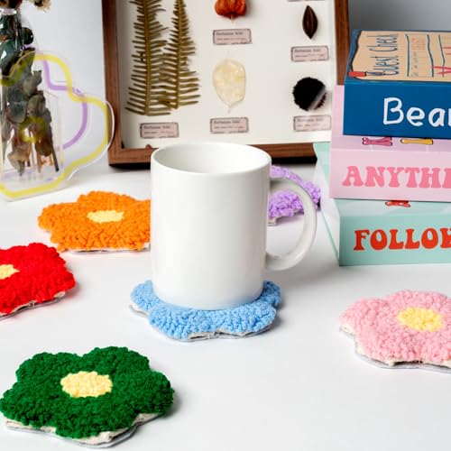 WATINC Punch Needle Coaster Kit - 6 Pattern DIY Craft for Beginners, Flower