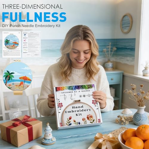ElasignShopo Ocean Embroidery Kit for Beginners Adults, Easy Cross Stitch Kit Spring Summer Beach Ocean Pattern Embroidery Starter Kits with Wooden Hoop Needles Threads Display Stand and Instruction - color: Ocean Beach