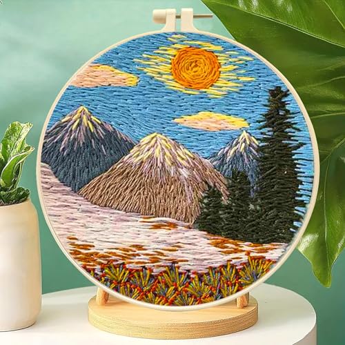 Zhenqing Mountain Sunrise Embroidery Kit for Beginners, Landscape Needlework Kit with Pre-Printed Fabric, Hoop, Threads & Tools, Cabin Wall Decor (S-CX0636) - color: Mountain Sunrise