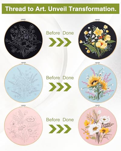 Santune 3 Pack Flower Embroidery Kit for Beginners Adults Cross Stitch Needlepoint Kits Hand Craft with Plant Patterns,3 Instructions,1 Hoop,Threads and 6 Needles - color: Tricolor Blooms