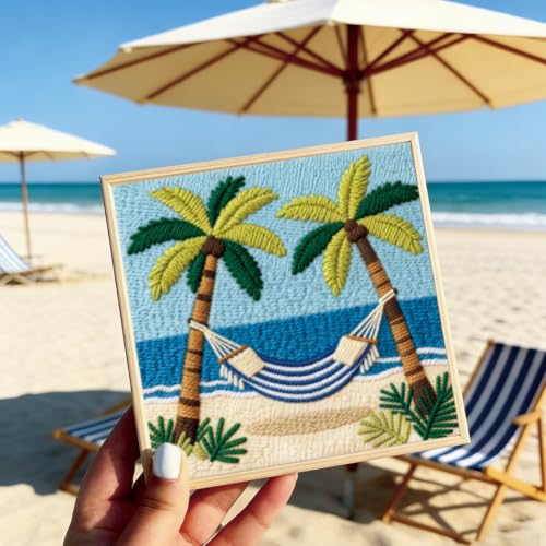 BEUNITONE 2Set Punch Needle Kits with Beach Pre-Print Pattern Easy for Adults Beginners, DIY Craft Embroidery Needlepoint Kits, Punch Needle Set for Craft Lovers Home Decor Festival Gift 9.4x9.4 - color: 02-Ocean Scenery