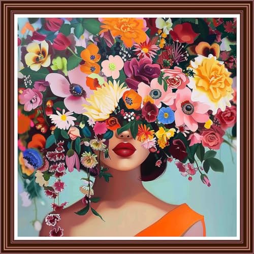 Dimensean Counted Cross Stitch Kit for Beginners, 11CT Unprinted Cross-Stitch Kit Easy Patterns Needlepoint Kit Cross Stitching Embroidery Kit Supplies-Colorful Flower Girl 18x18 inch - color: ColornNEW20