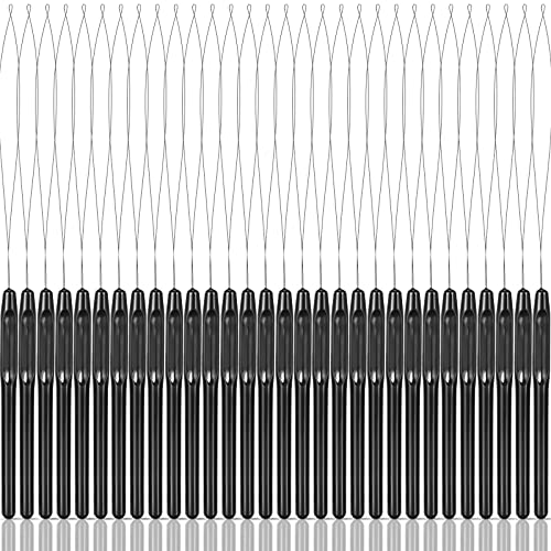 30 Pieces Hair Extension Loop Needle Threader Wire Pulling Hook Tool and Bead Device Tool Plastic Loop Needle for Hair or Feather Extensions Supplies, DIY, Black