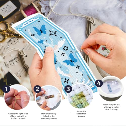 INFUNLY 6pcs Books Cross Stitch Bookmark Kit for Beginners DIY Butterfly Flower Stamped Embroidery Bookmark Kits Moon Bird Needlepoint Kit with Instruction Easy Cross Stitch Set for Book Lovers Reader - style: Dreamy Books