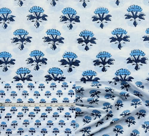 100% Cotton Fabric by the Yard, Hand Block Print Fabric for Sewing RB-112 - color: Rb-112 Blue, size: 3 Yard pre cut