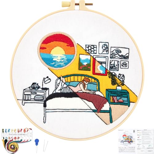 Embroidery Kits for Beginners Adults Sunrise Hand Embroidery Starter Kits, Cross Stitch Kits for Beginners DIY Craft Kits for Adults Women, Entire Set of Embroidery Supplies Full-length Video Tutorial - color: H2066
