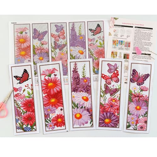 5 Pack Flower Butterfly Cross Stitch Bookmark Kits for Adult Beginners - color: butterfly and flowers