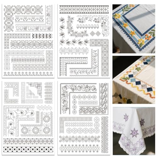 ORIGACH 4 Sheets Water Soluble Embroidery Patterns Stabilizers - Pre-Printed Borders & Motifs Designs - Stick & Stitch Embroidery Paper for Hand Sewing Lovers - color: Borders & Motifs