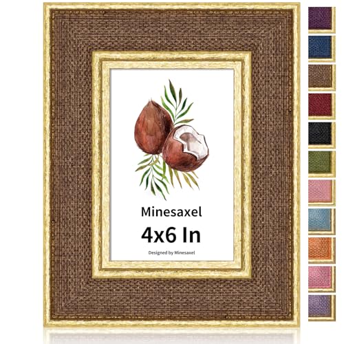 4x6 Picture Frame - Brown Fabric & Vintage Gold Border HD Real Glass with Easel for Tabletop/Wall (Family Photos, Kitchen Decor 1 Pack) - color: Brown-1pcs, size: 4x6