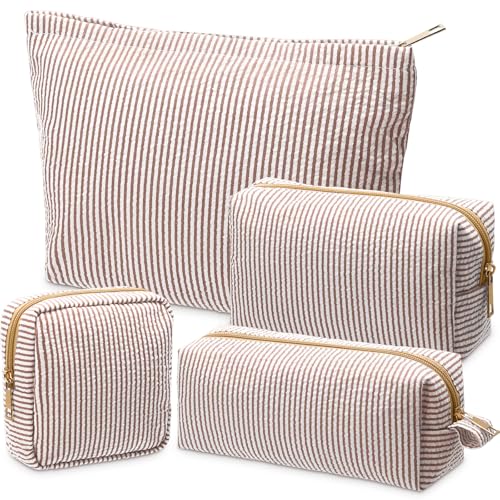 Sanwuta 4 Pcs Seersucker Pouch Striped Makeup Bag Set, Khaki - color: Khaki