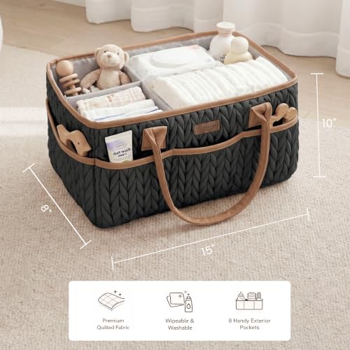 Konssy Baby Diaper Caddy Organizer, Braided Quilted Design with PU Handles - color: Cocoa Black