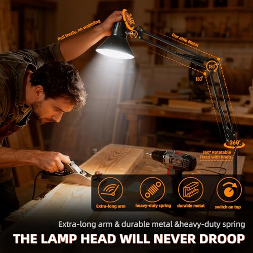 Black Dimmable Desk Lamp with Clamp, Extra-Tall Adjustable Swing Arm - color: Black, size: 3Adjustable Color Temperature-Extra Long Swing Arm