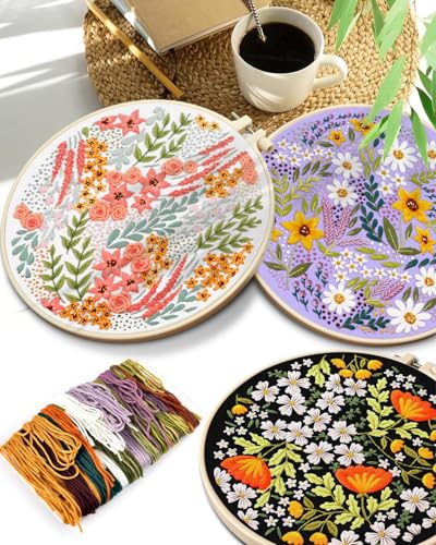 TINDTOP Embroidery Kit for Adult, 3 Pack Embroidery DIY Starter Kit, with Stamped Patterns, Hoop, Tools, Colorful Threads with Needles, Instructions (Bouquet) - color: Bouquet