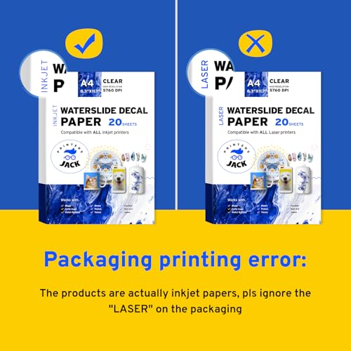 Water Slide Decal Paper Inkjet 20 Sheets A4 Size Premium Water-Slide Transfer Paper Clear Transparent Printable Water Slide Decals for Tumblers, Mugs, Glasses DIY Christmas Gift - color: Inkjet Clear, size: 20 Sheets 8.27 x 11.69 inches