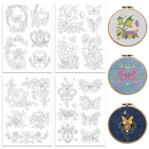 Peacoblue Butterfly, Flower Stick and Stitch Embroidery Patterns - color: Butterfly with Flowers
