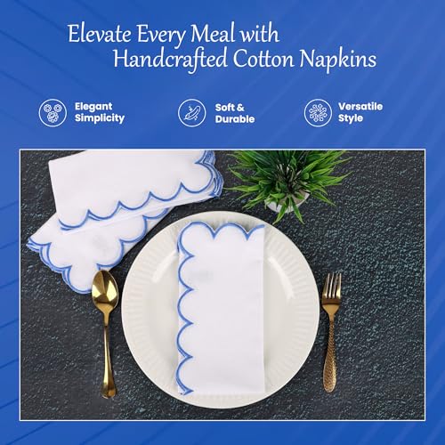 NATURALCRAFT Scalloped Cloth Napkins 18x18 in - White Edges Light Blue - color: Sl-white Napkin - Light Blue Edges, size: 18" x 18" (Set of 6)