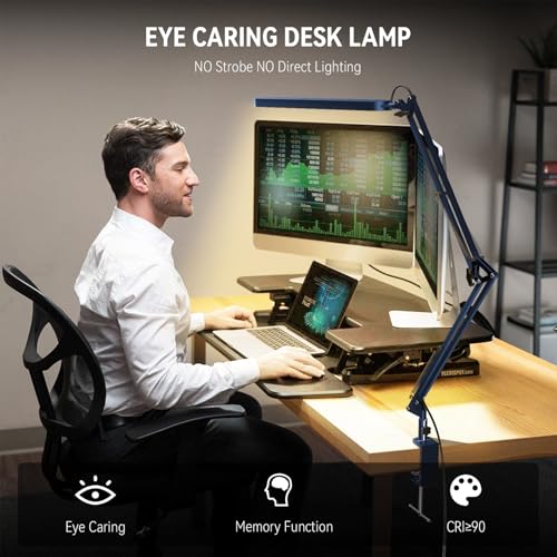SKYLEO Desk Lamp - LED Desk Light - 5 Color Modes X 11 Brightness Levels - Adjustable Swing Arm - Timmer & Memory Function - 12W Lamp for Desk - Blue - style: Blue swing arm