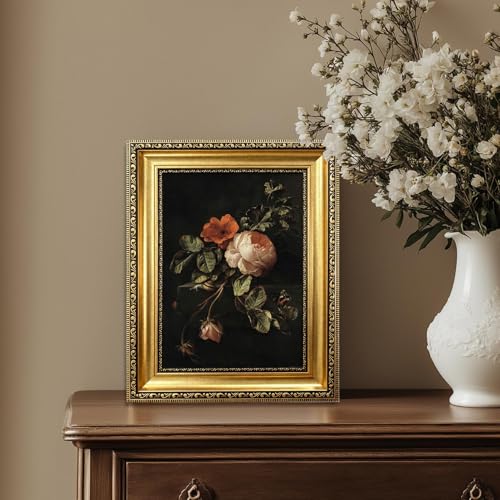 Vintage Gold Framed Moody Floral Wall Art,Dark Rose Still Life Canvas Print - color: Floral Gold Framed, size: 11"L x 9"W