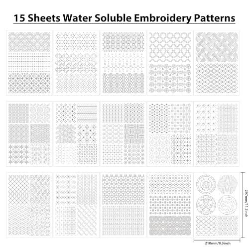 TWINKLEMON 15 Sheets Water Soluble Sashiko Embroidery Pattern Stabilizers - color: White & Black - Style 1