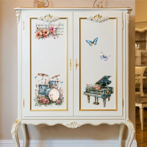 Peacoblue Music & Flowers Rub On Transfers for Furniture 6"x12" - style: Musical Instruments and Flowers