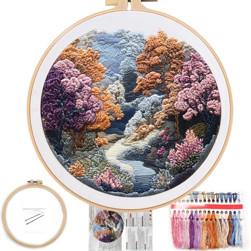 FONNUY Embroidery Kit for Beginners, Boho Nature Landscape Pre-Stamped Pattern Kits for Adults with Hoop, Easy to Follow Color Thread Needlework, 8'' Hoop (Late Spring) - color: Late Spring