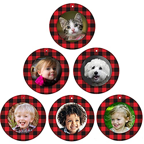 The Original Mini Photo Christmas Ornaments, Magnetic Easy-Load Rustic Buffalo Plaid Picture Frame Ornament, Includes Photo Protectors Plus Hooks for Hanging, Round, Red and Black 6-Pack - color: Red and Black