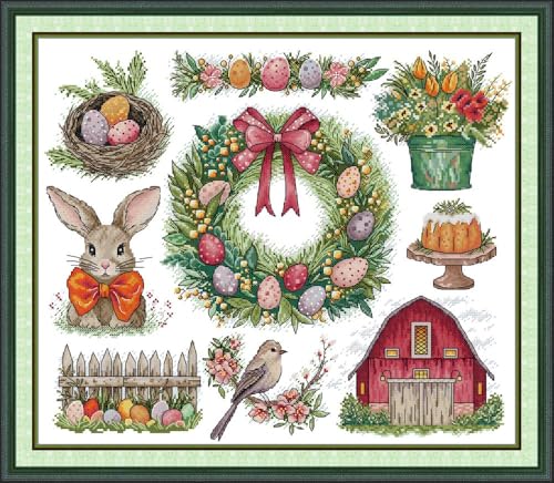 CaptainCrafts Cross Stitch Kits, Stamped Fabric Cross Stitching DIY Art DMC Needlecrafts Embroidery Kit for Adults Beginner (Christmas Wreath with Bunny, Stamped) - color: Christmas Wreath with Bunny, size: Stamped