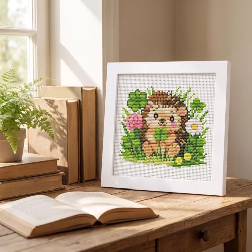 Hedgehog Clover Stamped Cross Stitch Kits for Beginners Adults with Framed - color: DKJ031