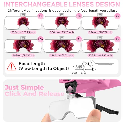 Magnifying Glass with Light 1X-4X, Rechargeable Magnetic Magnifier - color: Pink