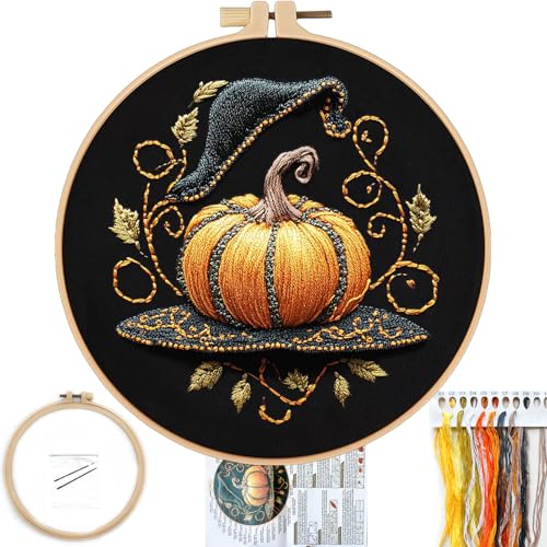 FONNUY Pumpkin Embroidery Kit for Beginners, Pre-Stamped Pattern Kits for Adults with Hoop, Easy to Follow Color Thread Needlework, 8'' Hoop (Witch Hat 2) - color: Witch Hat 2