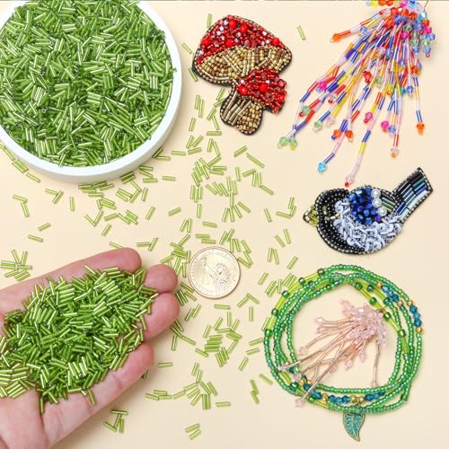 4200pcs Glass Bugle Beads, Mini Long Tube Seed Beads Bulk, Tiny Small Loose Spacer Embroidery Beaded for Bracelets Jewelry Making Sewing, Crafts, Christmas Ornaments, 2×6mm, Light Green - color: Light green