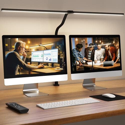 LED Desk Lamp for Home Office, 24W Computer Desk Light with Remote Control, Bright Table Lamp with Clamp Dimmable Tall Desktop Lighting with Bendable Gooseneck, Double Head, Black - color: Black with Clamp
