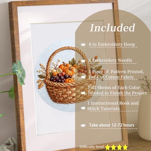 FONNUY Fall Embroidery Kit, Handmade Autumn Wreath Pre-Stamped Pattern for Beginners, Thanksgiving Harvest Home Decor, 8'' Hoop (Basket) - color: Basket