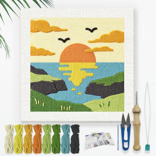 Doodlream Coastal Sunset Needle Kit for Beginner, 9.4"x 9.4" Cliffs Landscape Punch Stitching Craft Set, Color DIY Embroidery Starter with Printed Frame, Instruction, Threader, Yarn, Pinch Needle - color: Sunset