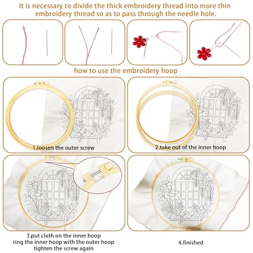 BEUNITONE 6 Set Flowers Embroidery Kit for Beginners Vintage Garden Scene Pre-Stamped Pattern, Needlepoint Kits for Adults Beginners, DIY Handmade Embroidery for Home Decor and Gifts 20x20cm - style: Door Window