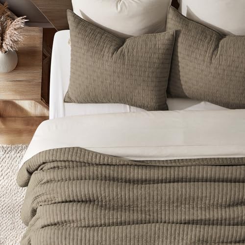 EverGrace 100% Cotton Cross Stitch 3-Piece Quilt Set, Queen, Mocha Brown - color: Mocha Brown, size: Full/Queen (92" X 96")